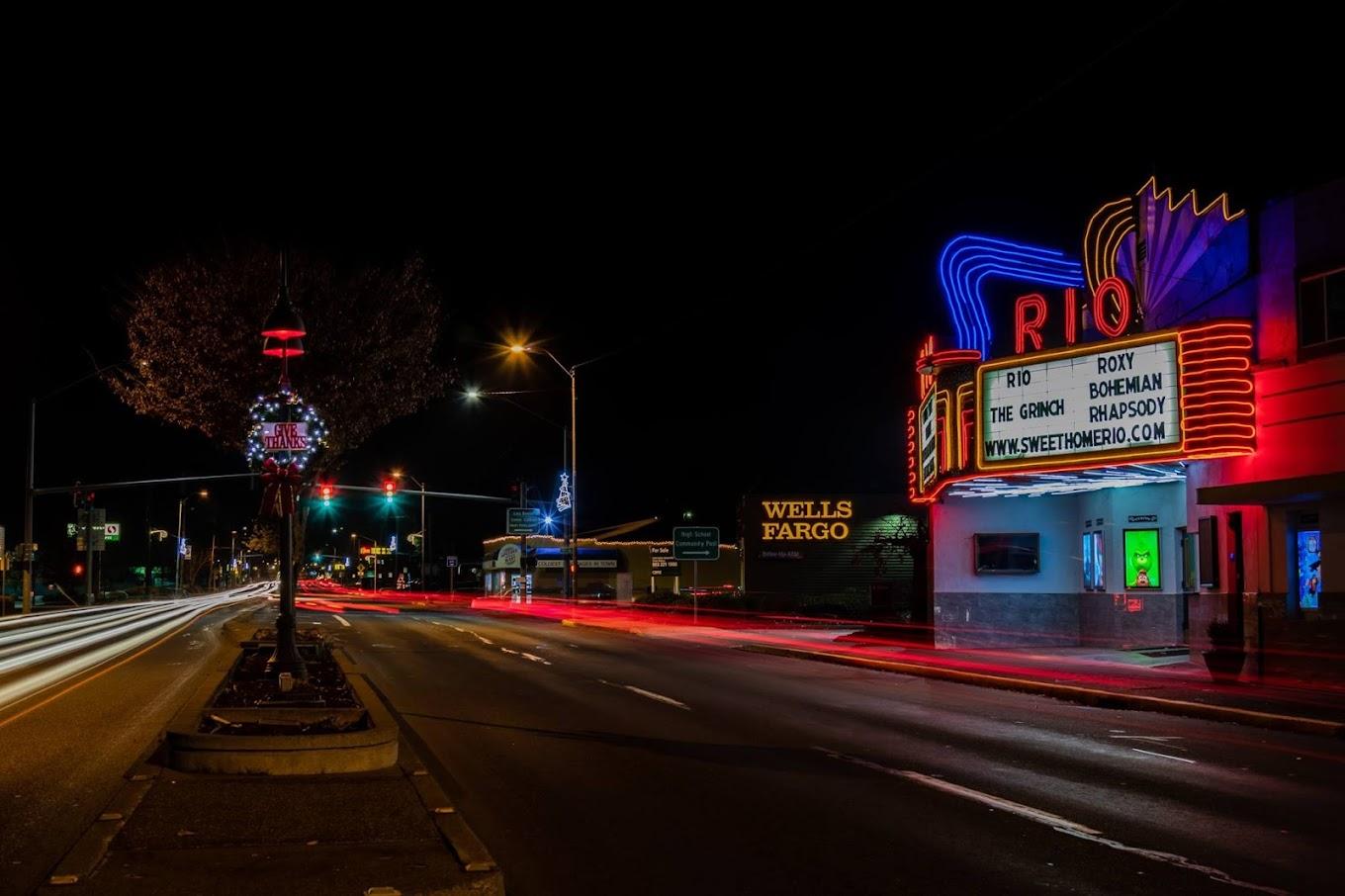 Rio Theatre by night: Illuminating Sweet Home's evenings with cinematic magic.